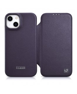 icarer CE aukščiausios kokybės oda Folio dėklas iPhone 14 Plus Magnetinė apverčiama oda Folio dėklas MagSafe tamsiai violetinė (