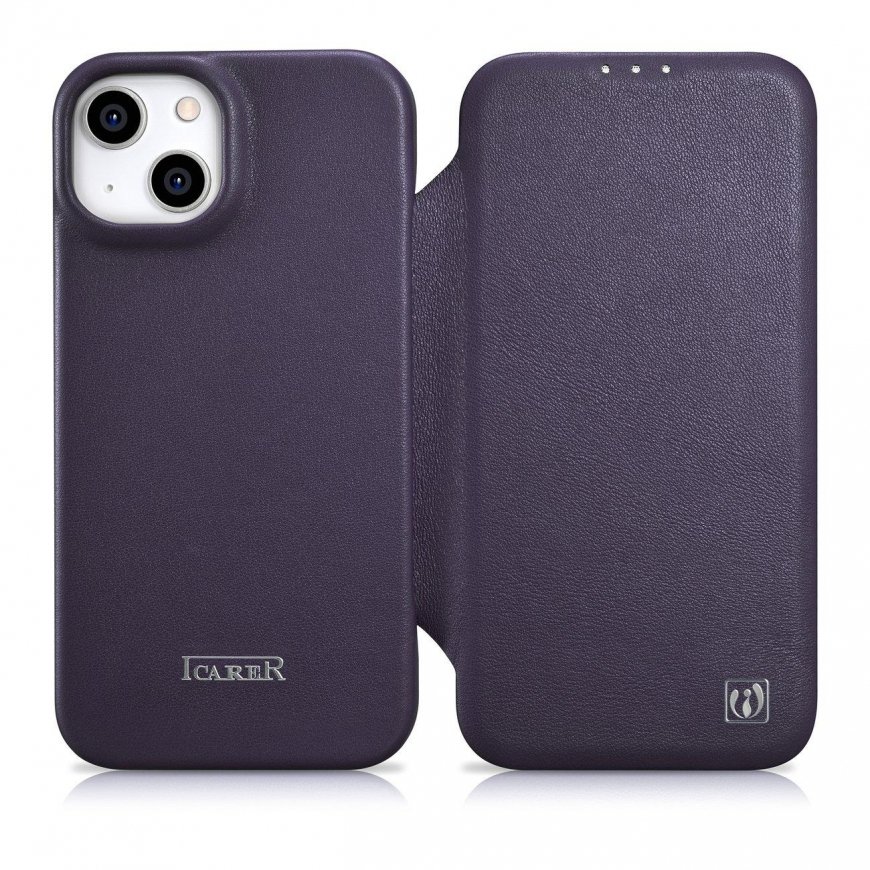 icarer CE Premium Leather Folio Case for iPhone 14 Plus Magnetic Reversible Leather Folio Case MagSafe Dark Purple (WMI14220715-