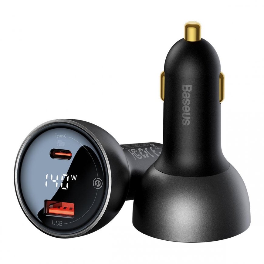 Baseus Digital Screen fast car charger USB-A / USB-C PD3.1 140W black + USB-C cable Baseus Superior Series 5A 240W 1m black (CGZ