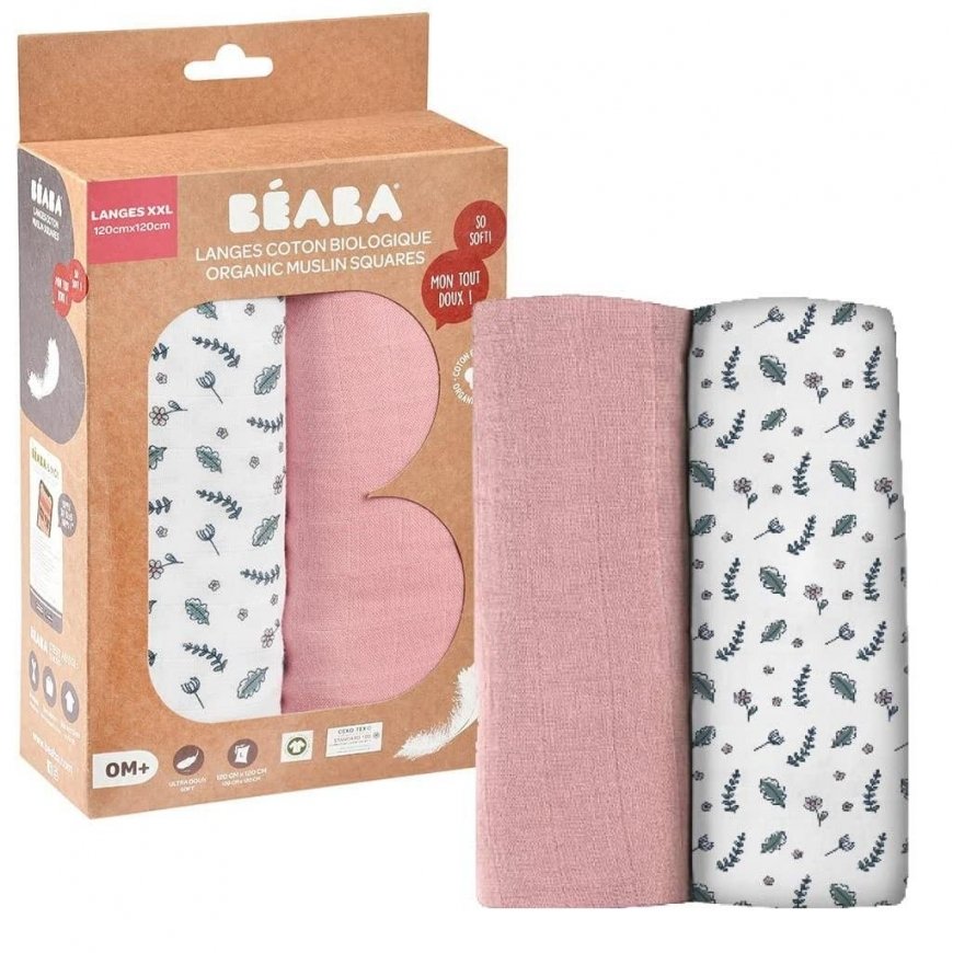 BEABA COTTON 2 PCS. XXL SIZE DIAPER SET 120X120 CM, OLD PINK/FLORAL CAMPAIGN – 2
