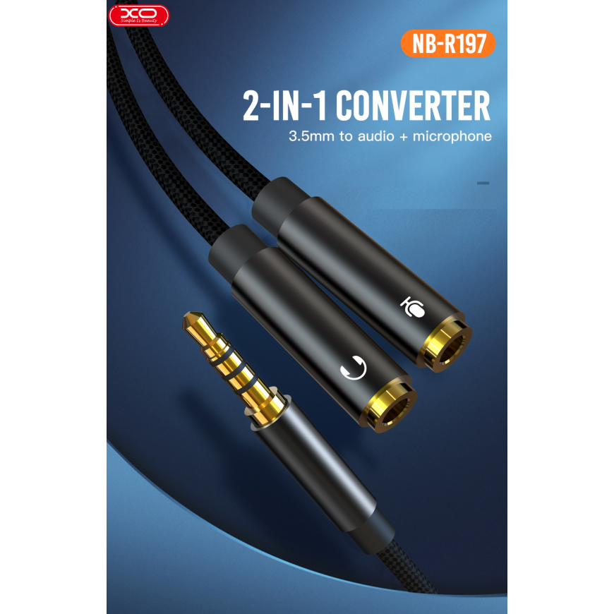 XO NB-R197 Aux Cable Adapter 2x 3.5mm Female (Audio & Microphone) to 3.5mm Male 20cm – 2
