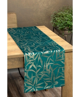 Eurofirany BLINK / 15 Velvet table runner with delicate light golden branch motif, 35X220 cm, color: dark turquoise