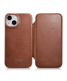icarer CE aliejaus vaškas Premium oda Folio dėklas iPhone 14 Plus magnetinis atverčiamas dėklas MagSafe ruda (AKI14220707-BN)