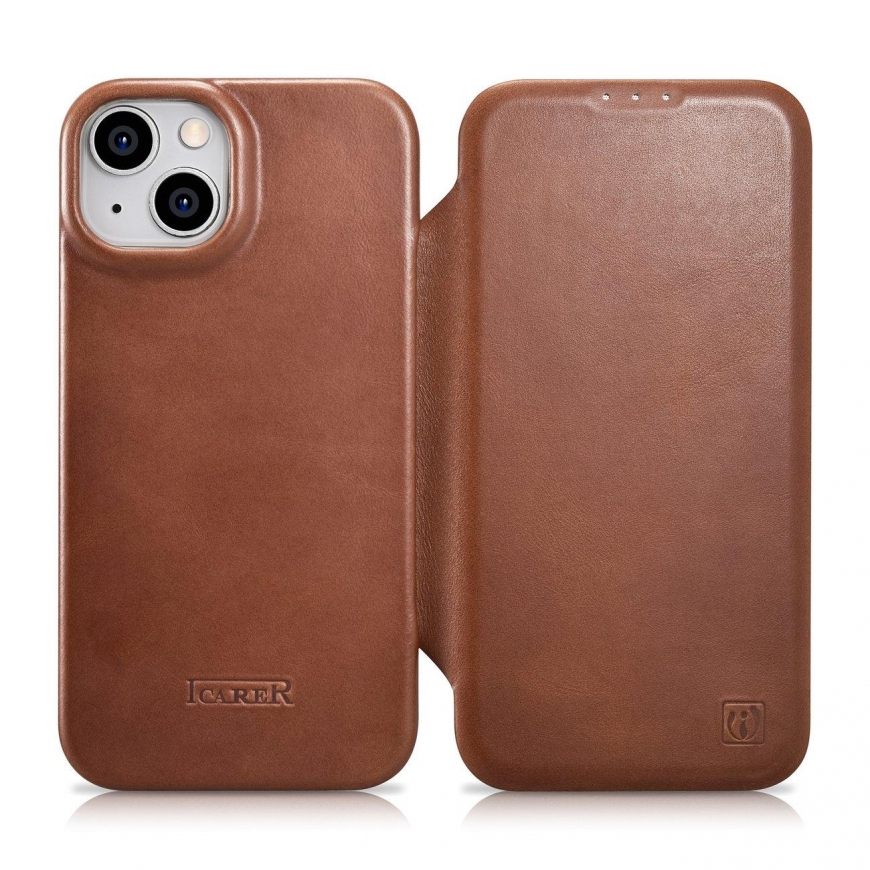 icarer CE Oil Wax Premium Leather Folio Case for iPhone 14 Plus Magnetic Flip Case MagSafe Brown (AKI14220707-BN)
