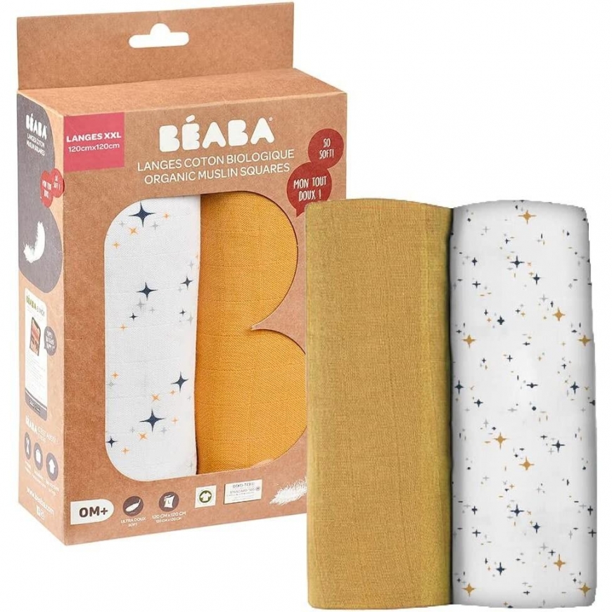 BEABA COTTON 2 PCS. XXL SIZE DIAPER SET 120X120 CM, HONEY YELLOW/STARRY NIGHT – 2