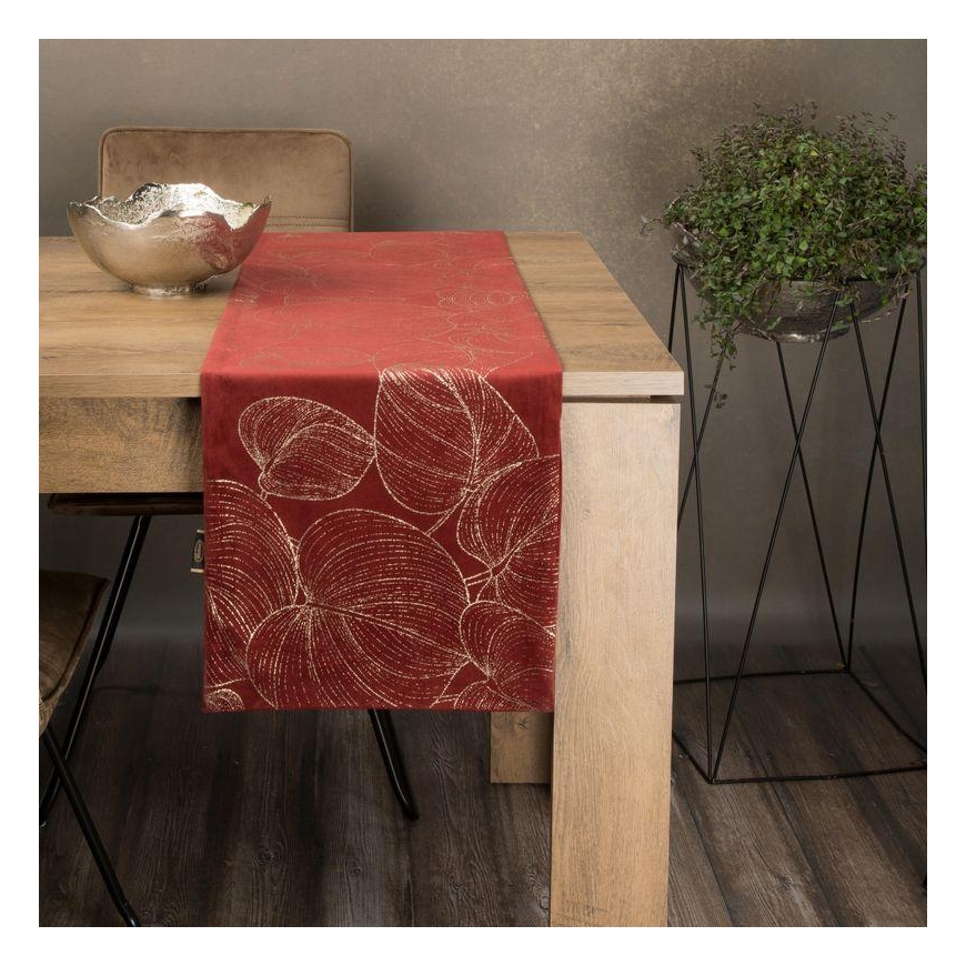 Eurofirany BLINK / 16 Aksominis stalo takelis su didelių lapų raštu, 35X180 cm, spalva: plytų – 2