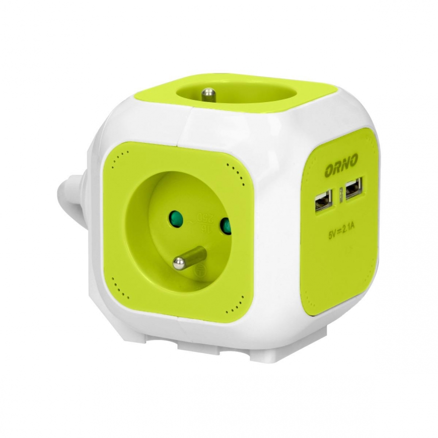 Orno 4-way cube extension with 2xUSB charger 1.4 m green – 2