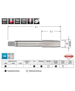 Pusiau automatinis sriegiklis RUKO BSW DIN 352 HSS 1/8"