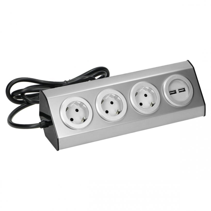 Orno Baldai, virtuvės lizdas su USB pakrovėju, Velcro tvirtinamas 1,5m laidu - 3x2P + Schuko, 2xUSB, INOX su 1,5m laidu. – 4