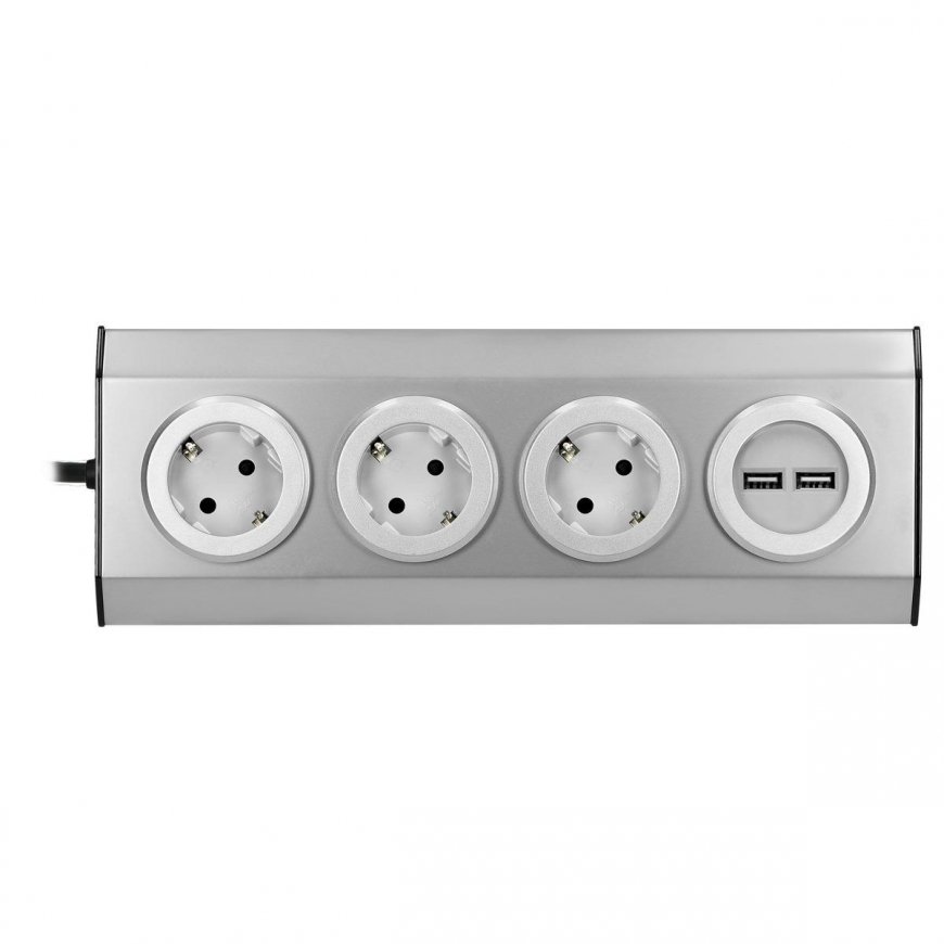 Orno Baldai, virtuvės lizdas su USB pakrovėju, Velcro tvirtinamas 1,5m laidu - 3x2P + Schuko, 2xUSB, INOX su 1,5m laidu. – 5