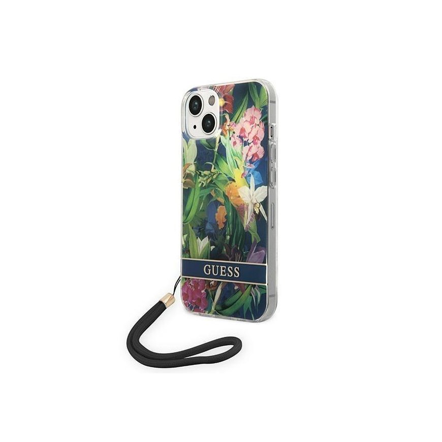 Case Guess GUOHCP14SHFLSB iPhone 14 6.1 inch Blue / Blue Hard Case Flower Strap