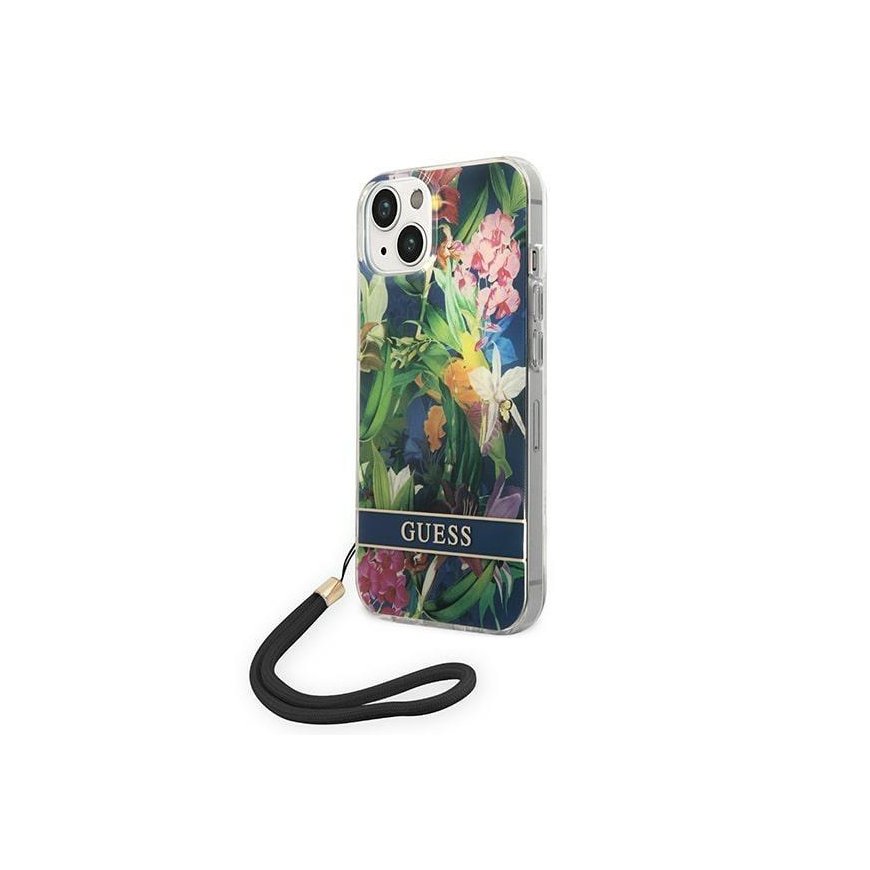 Case Guess GUOHCP14MHFLSB iPhone 14 Plus 6.7 inch Blue / Blue Hard Case Flower Strap