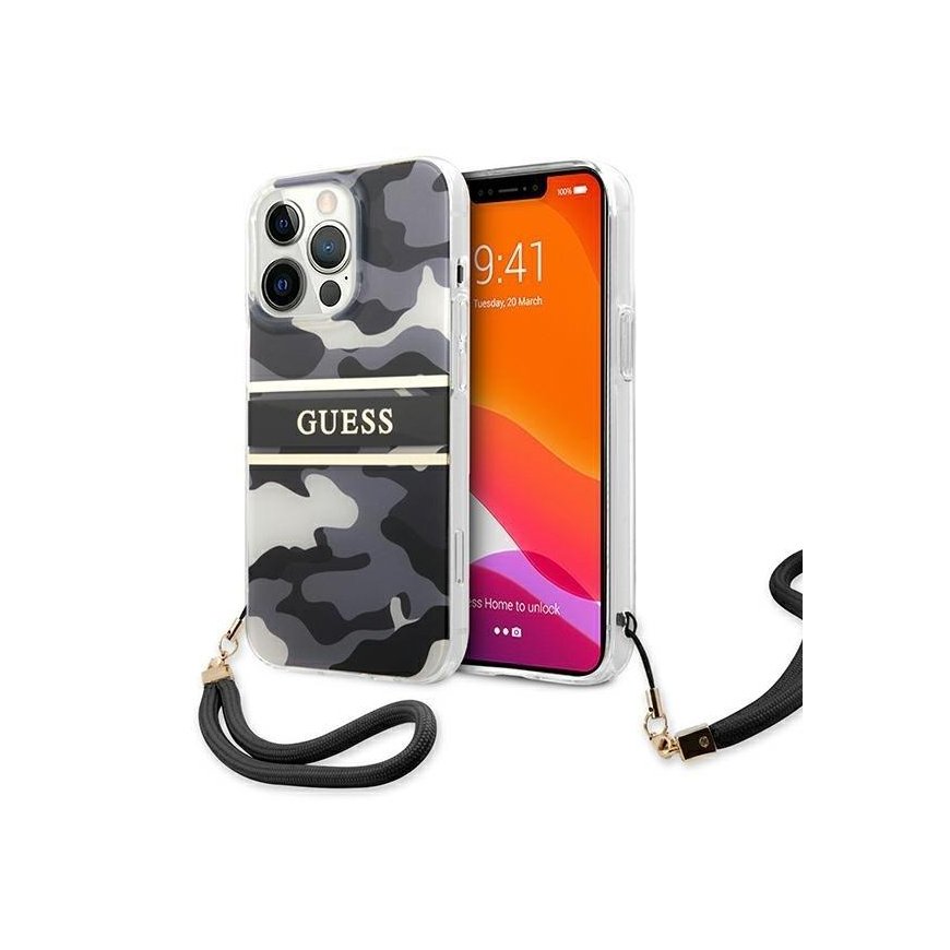 Guess GUHCP13XKCABBK iPhone 13 Pro Max 6.7" juodas/juodas hardcase Camo Strap Collection