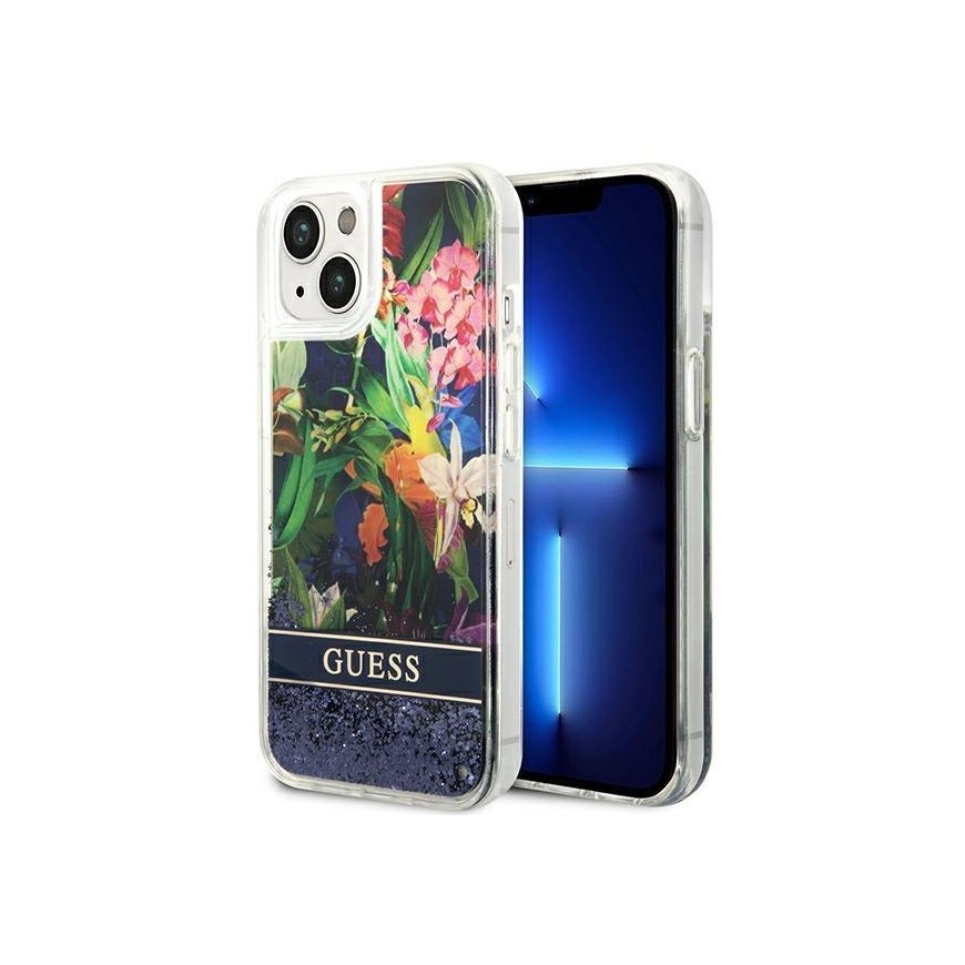 Guess GUHCP14SLFLSB iPhone 14 6.1 inch Blue / Blue Hard Case Flower Liquid Glitter