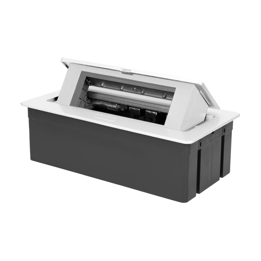Orno NOEN furniture cassette, built into the table top, with integrated PVC frame for modular sockets 3 x 45x45 mm or 6 x 22.5x4
