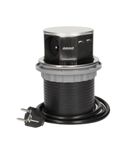 Orno Baldų lizdas - 10 cm ištraukiamas nuo stalviršio su USB įkrovikliu ir 1,5 m laidu, 3x2P + Z, 2xUSB, INOX