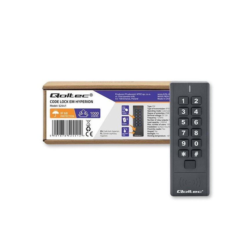 QOLTEC 52441 Code lock HYPERION su RFID reader Code Card key fob IP68 EM – 3