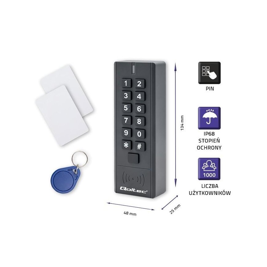 QOLTEC 52441 Code lock HYPERION su RFID reader Code Card key fob IP68 EM – 4