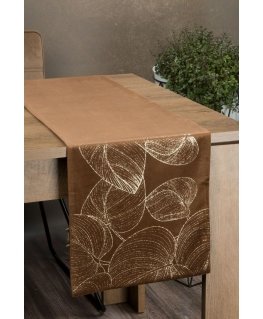 Eurofirany BLINK / 16 Velvet table runner with a pattern of large leaves, 35X180 cm, color: brown