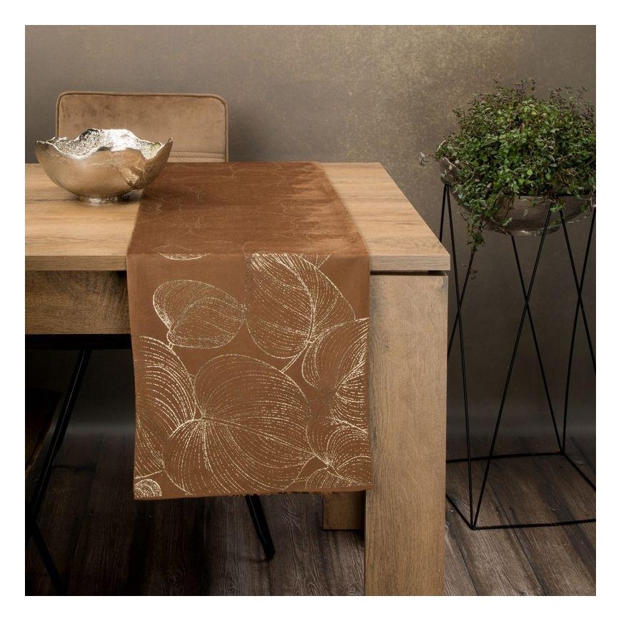 Eurofirany BLINK / 16 Velvet table runner with a pattern of large leaves, 35X180 cm, color: brown – 2