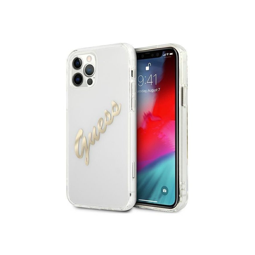 Guess GUHCP12MKTRSVGO iPhone 12/12 Pro 6.1" skaidrus kietas dėklas Vintage Script Auksinė