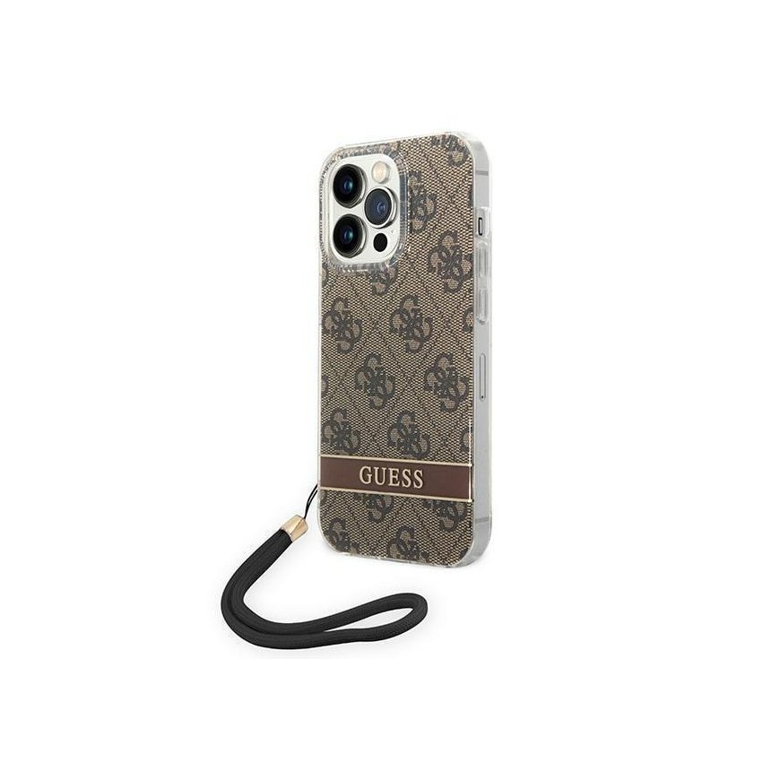Case Guess GUOHCP14XH4STW iPhone 14 Pro Max 6.7 inch Brown / Brown Hard Case 4G Printing Strap