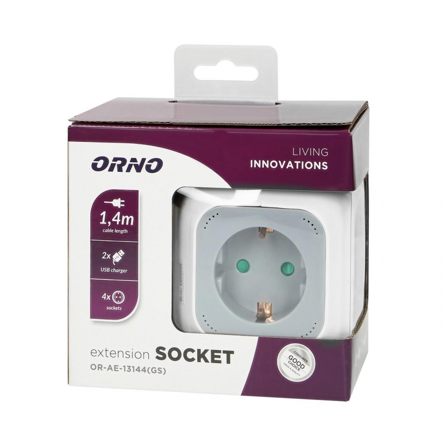 ORNO 4-GANG pratęsimo kabelis 2P + SU ĮKROVIKLIU 2 X USB, 1,4M – 3