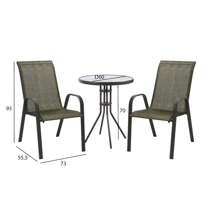 Lauko baldų komplektas Sodo baldų komplektas DUBLIN, stalas ir 2 kėdės (11874) 60x70 cm, stalviršis: 5 mm skaidrus stiklas, rėma – 2