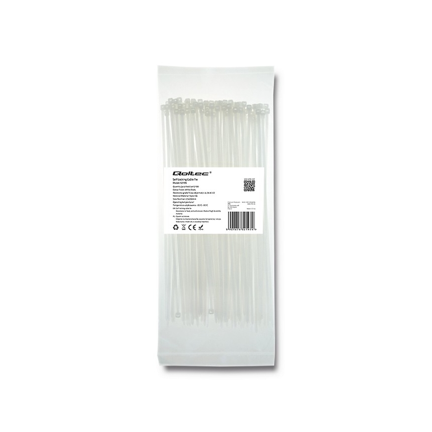 Qoltec 52195 kabeļu saite Kāpņu formas kabeļu saite Neilons Balts 100 pcs