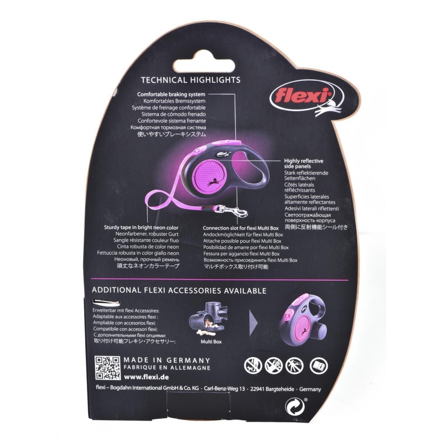 Flexi New Neon M leash for dogs up to 25kg ribbon 5m pink color – 5