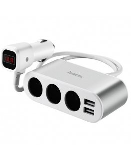 Hoco Z13 One-Pull-Three Automašīnas auto lādētājs - sadalītājs ar LCD ekrānu + 2x Micro USB porti Sudrabains