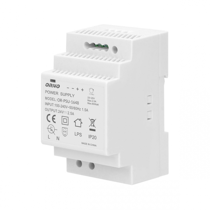 Orno Maitinimas DIN bėgeliui 24VDC, 2,5A, 60W, 3 modulių pločio – 2