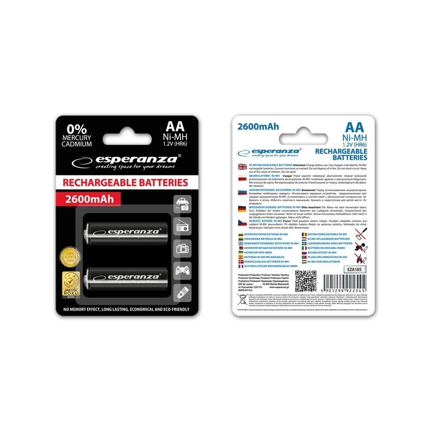 Esperanza EZA105 industrial rechargeable battery Nickel-Metal Hydride (NiMH) 2600 mAh 1.2 V – 2