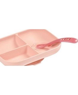 BEABA SILICONE STICK-BOTTOM 3 COMPARTMENT PLATE WITH DUMPER, Pink