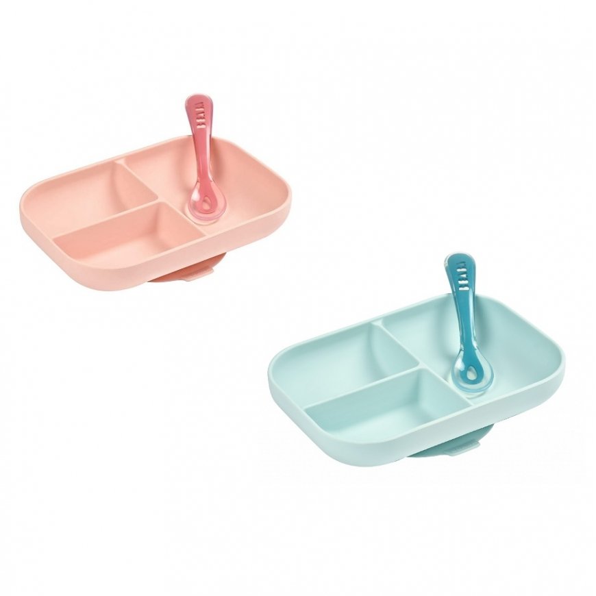 BEABA SILICONE STICK-BOTTOM 3 COMPARTMENT PLATE WITH DUMPER, Pink – 2