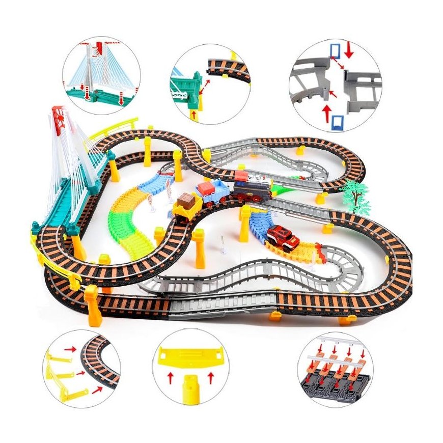 WOOPIE Electric Railway 2in1 Race Track Train Viaduct Auto XXL 192 El. – 2