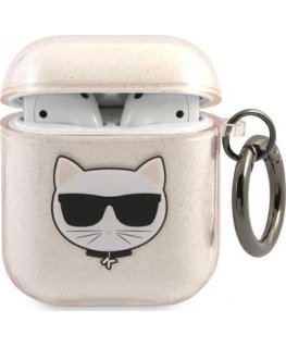 Karl Lagerfeld Apsauginis dėklas KLA2UCHGD Glitter Choupette, skirtas AirPods 1/2, smėlio spalvos