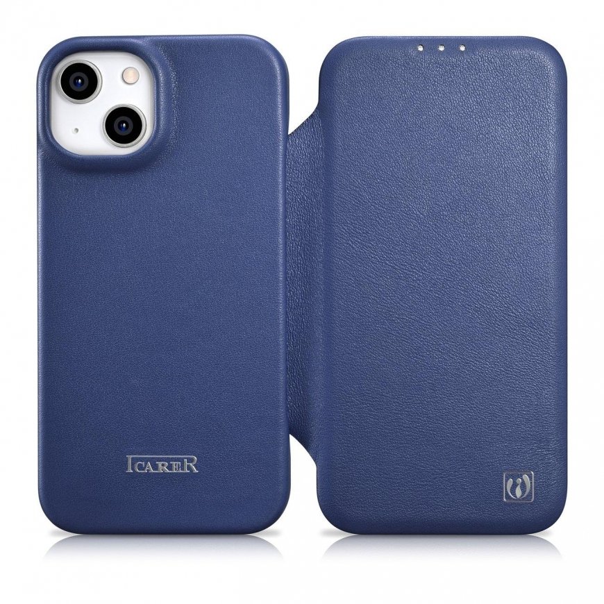 icarer CE Premium Leather Folio Case for iPhone 14 Plus Magnetic Flip Leather Folio Case MagSafe Blue (WMI14220715-BU)
