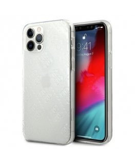 Guess GUHCP12L3D4GTR iPhone 12 Pro Max 6,7 colių permatomas kietasis dėklas, 4G 3D raštų kolekcija