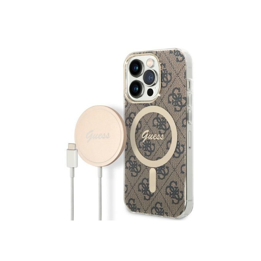 Dėklas Guess Nustatyti spėjimo GUBPP14XH4EACSW dėklą + įkroviklį „iPhone 14 Pro Max 6.7" rudos/rudos spalvos kietą dėklą 4G Prin