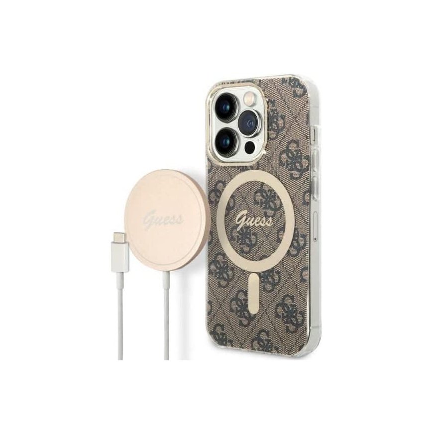 Case Guess Set Guess GUBPP14XH4EACSW Case + Charger iPhone 14 Pro Max 6.7" Brown/Brown Hard Case 4G Print MagSafe – 2