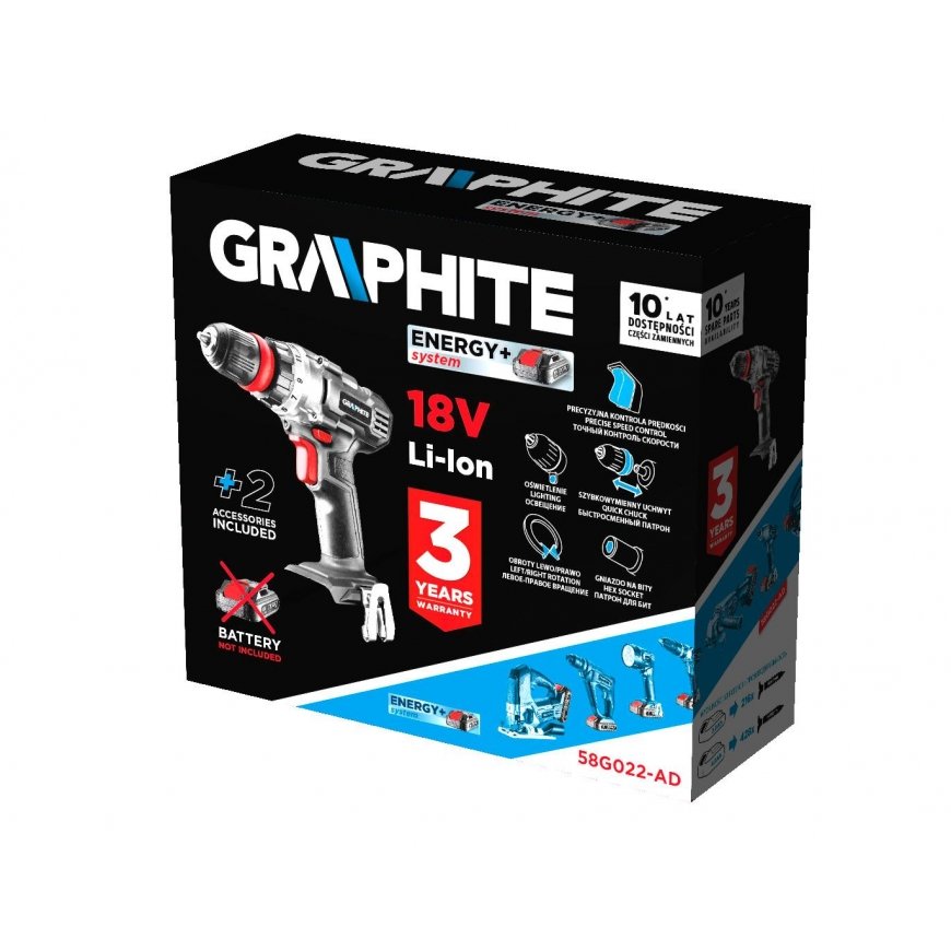 GRAPHITE Akumuliatorinis gręžtuvas Energija + 18V, nuimamas griebtuvas 10 mm, plius kampinis adapteris ir adapteris – 5