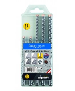 Grąžtas 5 vnt. ginkluoto betono SDS +, 4 kraštinės, FORCE X Cassette SDS + MB5, ALPEN [0080500005100]
