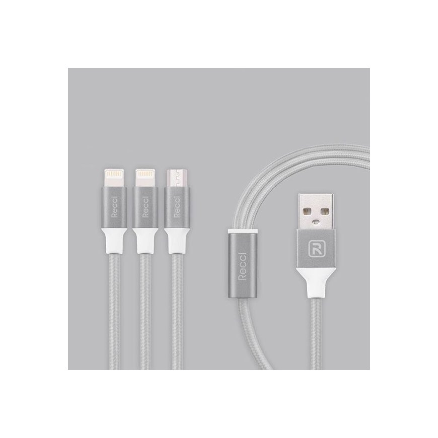 Recci Universal Delicate RCS-H120 3 in 1 Micro USB + 2 x Lightning Fast Charging 1,2 m Grey