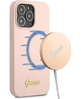 Guess GUHMP13LLSLMGLP iPhone 13 Pro / 13 6.1" šviesiai rožinis/šviesiai rožinis kietas dėklas Silicone Script Gold Logo Magsafe