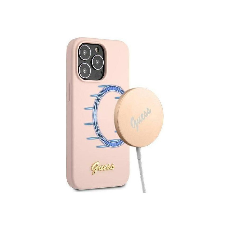 Guess GUHMP13LLSLMGLP iPhone 13 Pro / 13 6.1" light pink/light pink hard case Silicone Script Gold Logo Magsafe