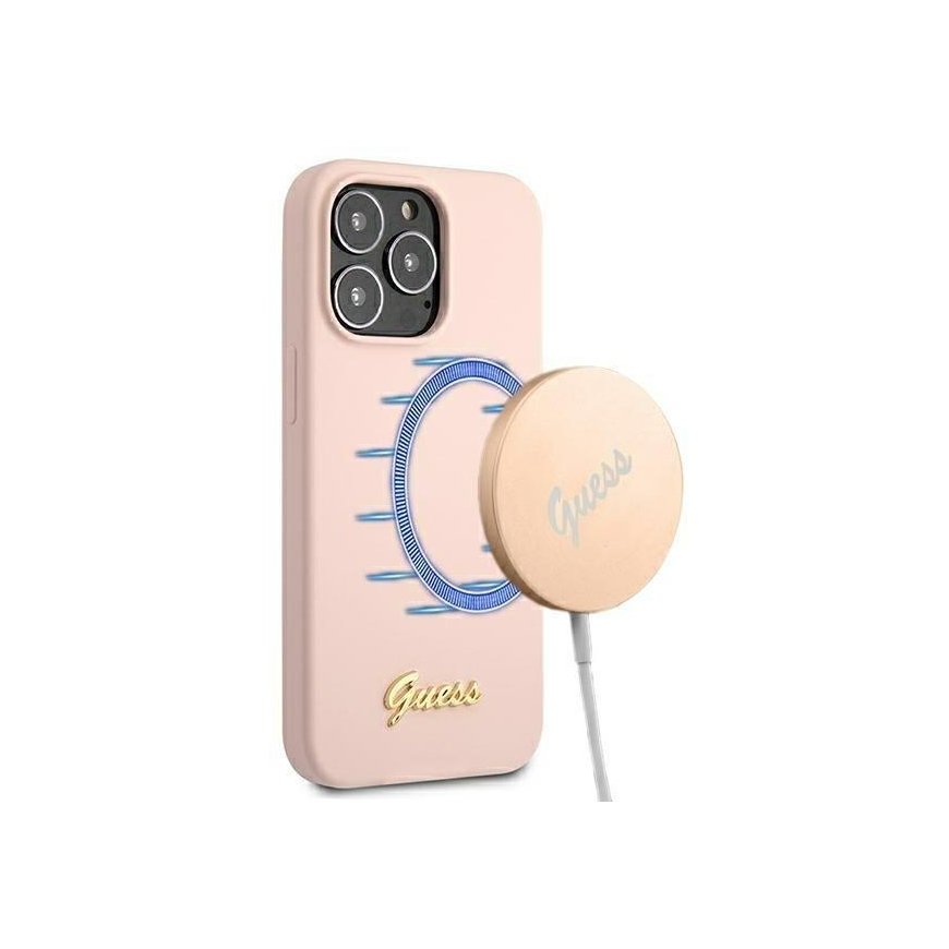 Guess GUHMP13LLSLMGLP iPhone 13 Pro / 13 6.1" light pink/light pink hard case Silicone Script Gold Logo Magsafe – 2