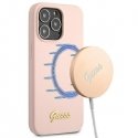 Guess GUHMP13LLSLMGLP iPhone 13 Pro / 13 6.1" šviesiai rožinis/šviesiai rožinis kietas dėklas Silicone Script Gold Logo Magsafe