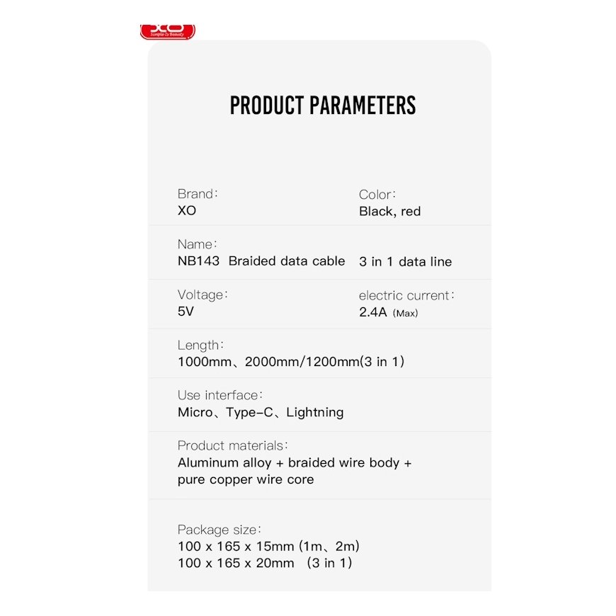 XO NB143 Durable TPE Universal USB to USB-C (Type-C) Data & Fast 2.4A Charger Cable 2m Black – 5