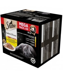 SHEBA paplātes mērce mājputnu/vistas/tītara gaļa - mitrā kaķu barība - 32x85 g